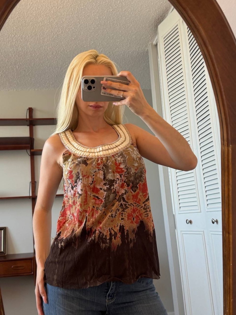 Beaded Neckline Printed Tank Top - Brown Multi